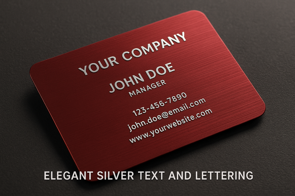 red metal business card with silver wording